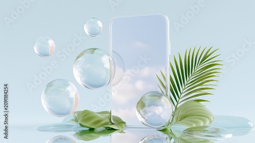 Transparent smartphone hero composition with glossy glass bubbles and tropical palm leaves for nature tech background and product display