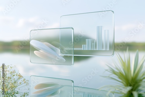 Transparent glass dashboard with sustainability charts and floating plants for eco background and interface design