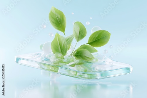Glossy smartphone with green leaves emerging on transparent interface for eco tech background and wallpaper design