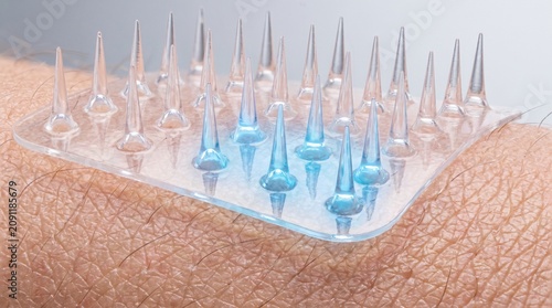 Painless Drug Delivery Concept Microneedle Vaccine Patch Glowing with Blue Liquid