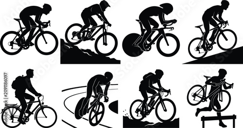 Cycling sports icon set featuring professional bicycle riders and diverse athletic race vector silhouettes