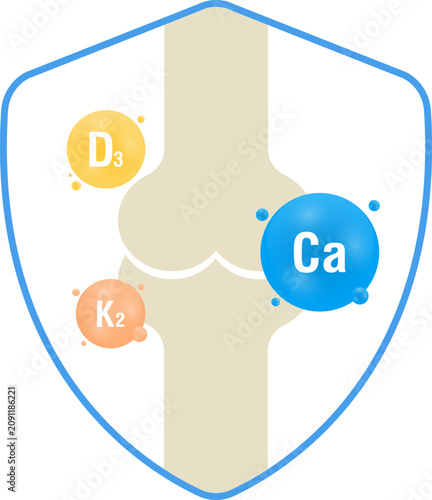 Flat illustration of bone joint with vitamin D3, K2 and calcium depicting bone health protection for medical and supplement design