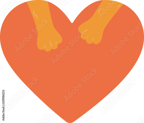 Foto Flat illustration of two dog paws resting on an orange heart depicting pet love