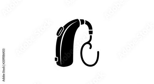 Black hearing aid icon on white background, hearing loss medical device, audiology equipment
