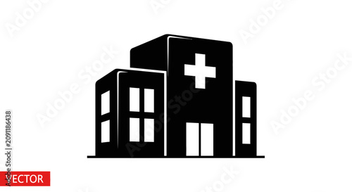 Black Hospital Building Icon with Cross Symbol - Medical Healthcare Clinic Symbol