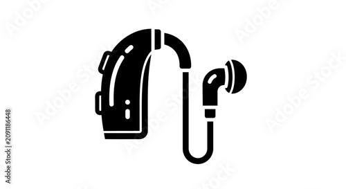 Black hearing aid icon with earbud and tube on white background