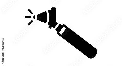 Black icon of an otoscope with light beam on white background, medical examination tool