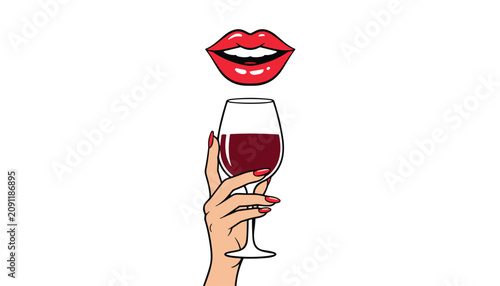 Woman hand holding red wine glass near red lips in a stylish pop art illustration