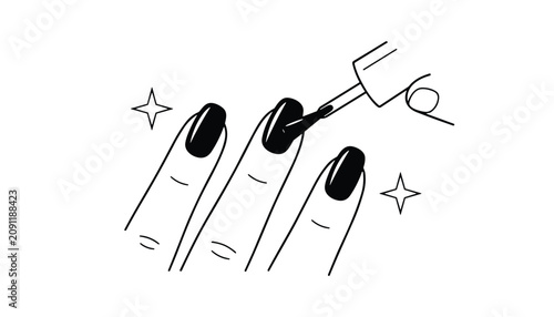 Vector line art of hand painting fingernails with black polish and sparkle accents