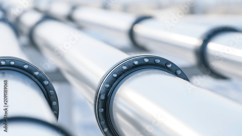 Pipeline construction, Industrial infrastructure. Large metal pipelines with flanged joints prepared for oil, gas, water supply, energy distribution and industrial processing systems.