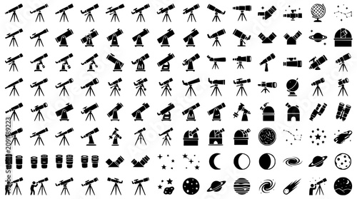 Фотография Telescope Silhouette Icon Set with Astronomical and Observation Equipment Vector