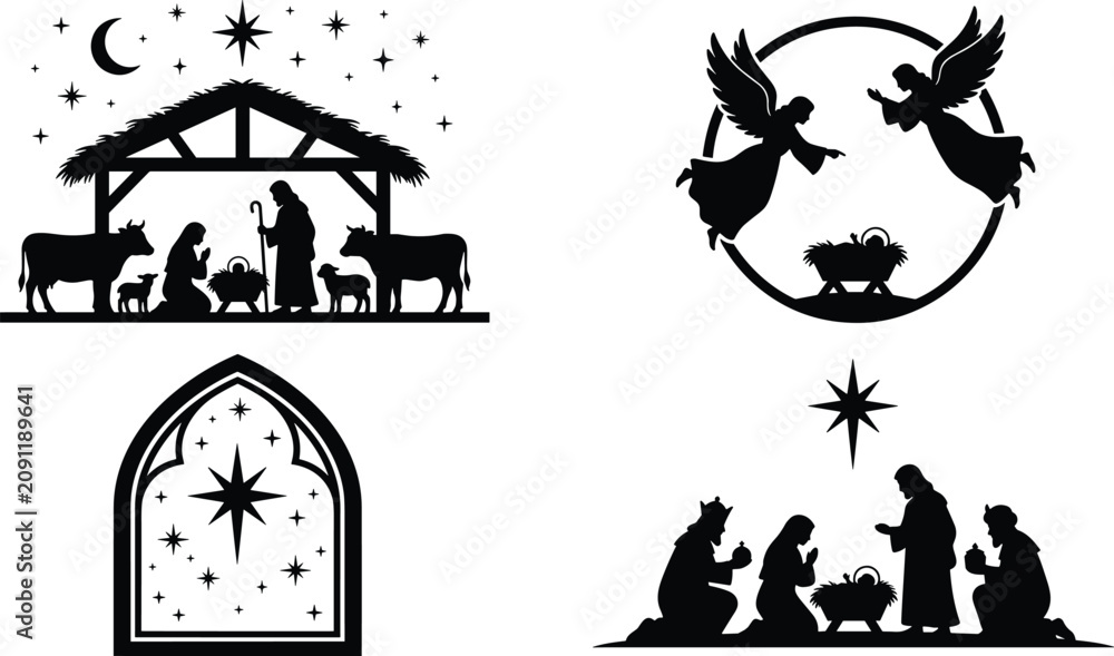 Obraz premium Christmas nativity scene silhouette icon set featuring holy family stable angels three wise men and star of Bethlehem vector illustrations.