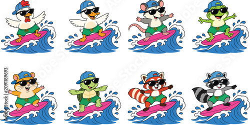 Set of cute cartoon animals surfing on waves, including a chicken, duck, opossum, frog, hamster, turtle, red panda, and raccoon, all wearing sunglasses and caps