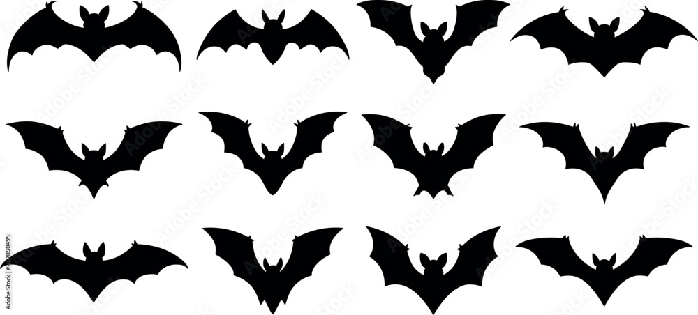Naklejka premium Halloween spooky flying bats silhouette vector element set featuring various shapes of black wings for horror designs