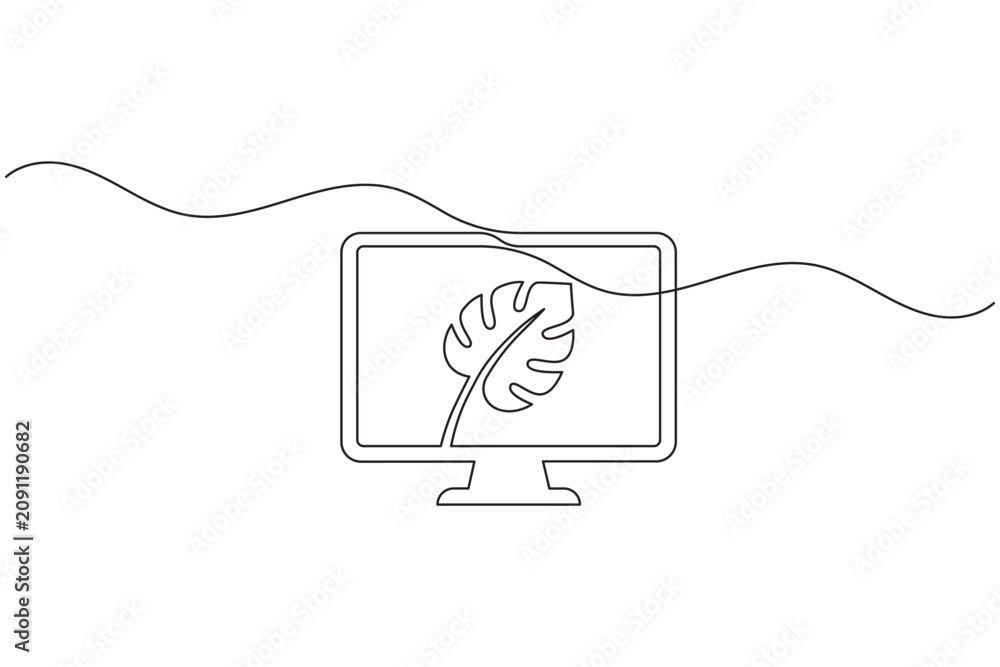 Obraz premium Desktop monitor screen with monstera leaf continuous one line drawing minimalist desktop display outline vector illustration