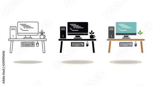 Modern computer desk setup with keyboard and plant in line art solid black and flat color styles for workspace and office productivity interior design and architectural planning