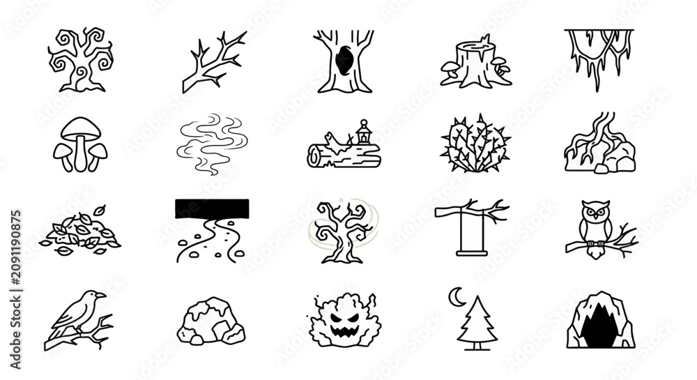 Fototapeta premium Spooky Forest Icon Set with Creepy Trees Roots and Dark Nature Elements for Halloween Design