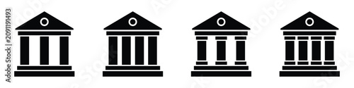 Fotografie Black silhouettes of classical temple facades with circular openings on a white