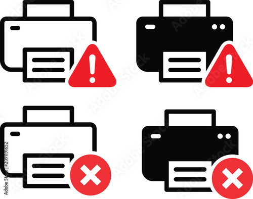 Printer icons with warning and error symbols in flat vector style on white background