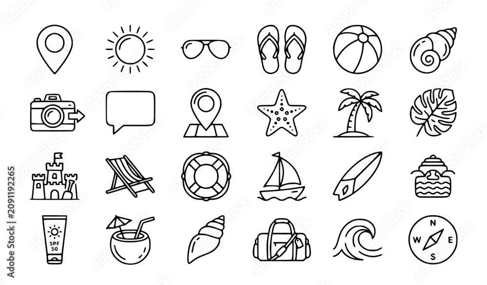 Fototapeta premium Summer Beach Line Art Icon Set with Vacation Travel and Tropical Symbols