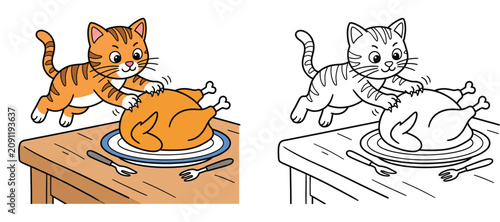 Photos Naughty Orange Tabby Kitten Stealing Roasted Turkey Dinner Illustration and Line