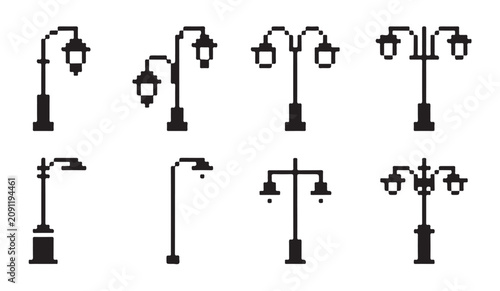 Obraz na płótnie Symmetry pixel street lamp silhouettes set including double and triple arm lighting fixtures
