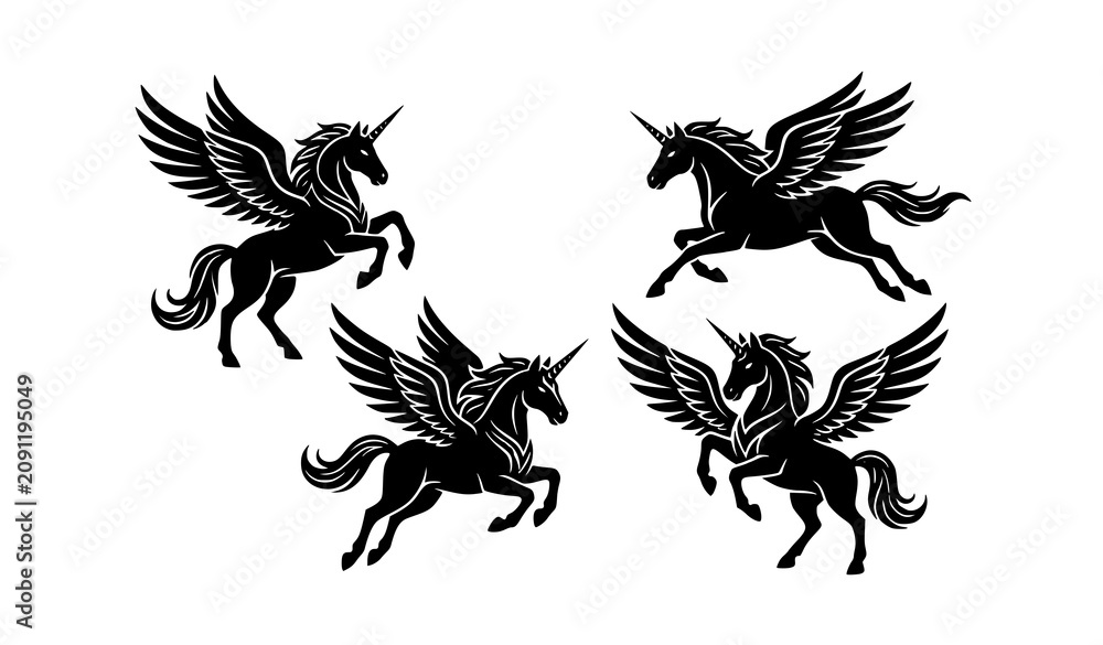 Fototapeta premium Winged Unicorn Tattoo Silhouette Black White Vector Collection