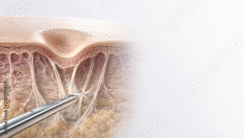 Detailed close-up illustration of skin layers showing precise medical probe interaction with connective tissue fibers