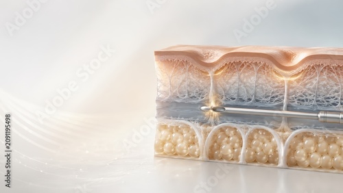 Detailed cross section of human skin layers with microneedle penetrating epidermis and dermis tissue