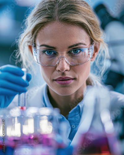 A focused female scientist wearing safety glasses and gloves conducts an experiment with test tubes in a laboratory setting.