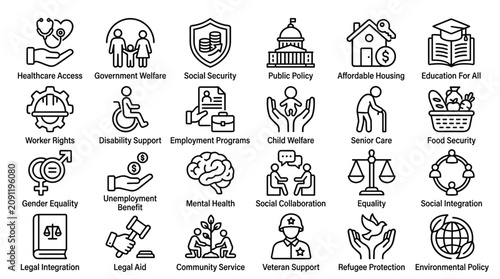 Comprehensive collection of social welfare and public policy line icons depicting community support legal assistance healthcare access and social security services.