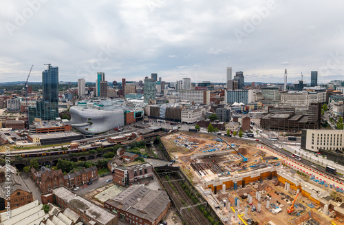Aerial view of a Birmingham cityscape skyline with Moor Street Train Station and the new Birmingham Curzon Street HS2 station under construction