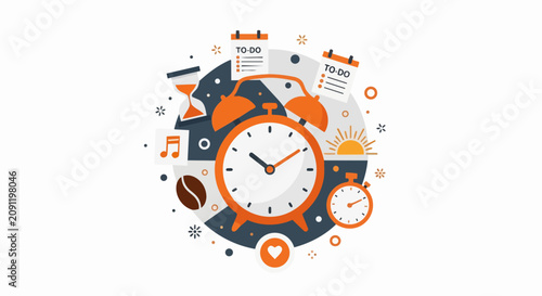 Time Management and Productivity Concept Illustration with Alarm Clock, Hourglass, To-Do Lists, and Stopwatch Icons for Effective Planning and Organization