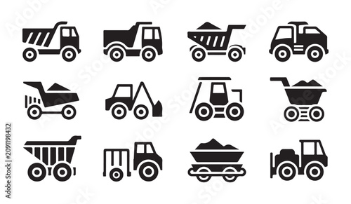 Canvastavla Heavy construction truck and industrial equipment icon set for mining machinery projects