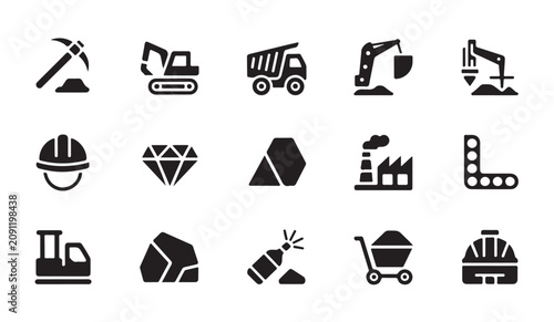 Mining excavation and industrial production process icon set for manufacturing operation.