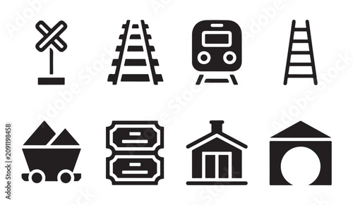 Railway transport infrastructure icon set for train logistics and warehouse storage system.