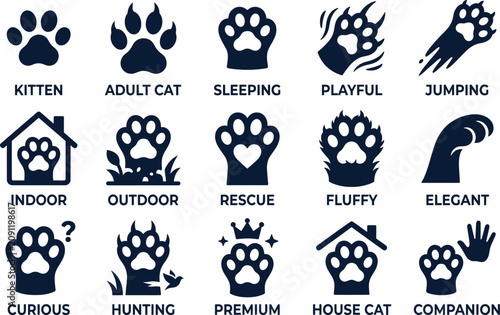 Cat paw print icon set with feline traits and concepts isolated on white background