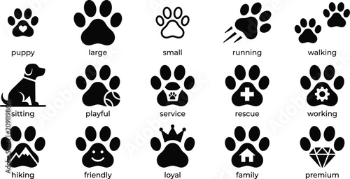 Fotografie Dog paw print icon bundle with canine traits and service pet concepts isolated o