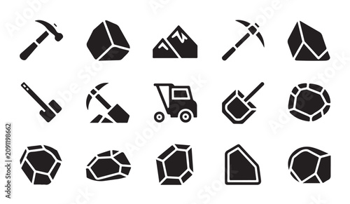 Tableau sur toile Geology and mineral exploration icons showing rock formations with tools and dump truck art