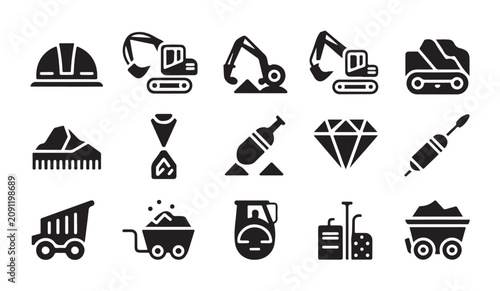 Obraz na plátně Mining and heavy construction site equipment and natural resource solid vector icons set