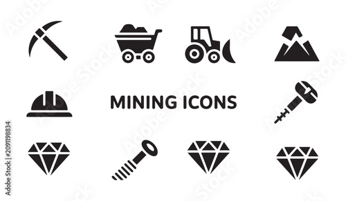 Foto Mining icons heading with various glyph icons related to excavation and gems