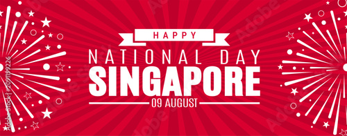 Happy Singapore National Day banner vector template celebrated on 09 August with bold typography flanked by explosive white fireworks on a red sunburst background