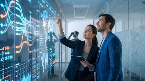 Team of tech executives interacting with a glowing holographic dashboard showing business analytics.