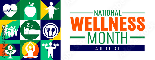 National Wellness Month banner vector template with bold creative text design at the bottom underneath a full repeating checkerboard geometric grid of colorful lifestyle and healthcare icons on a whit