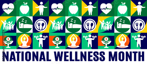 National Wellness Month banner vector template with bold creative text design at the bottom underneath a full repeating checkerboard geometric grid of colorful lifestyle and healthcare icons on a whit