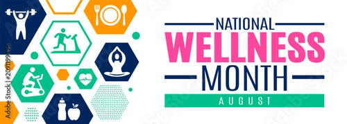 National Wellness Month banner vector template celebrated in August, with bold creative typography on the right and a dynamic honeycomb pattern of colorful hexagon fitness and health icons on the left