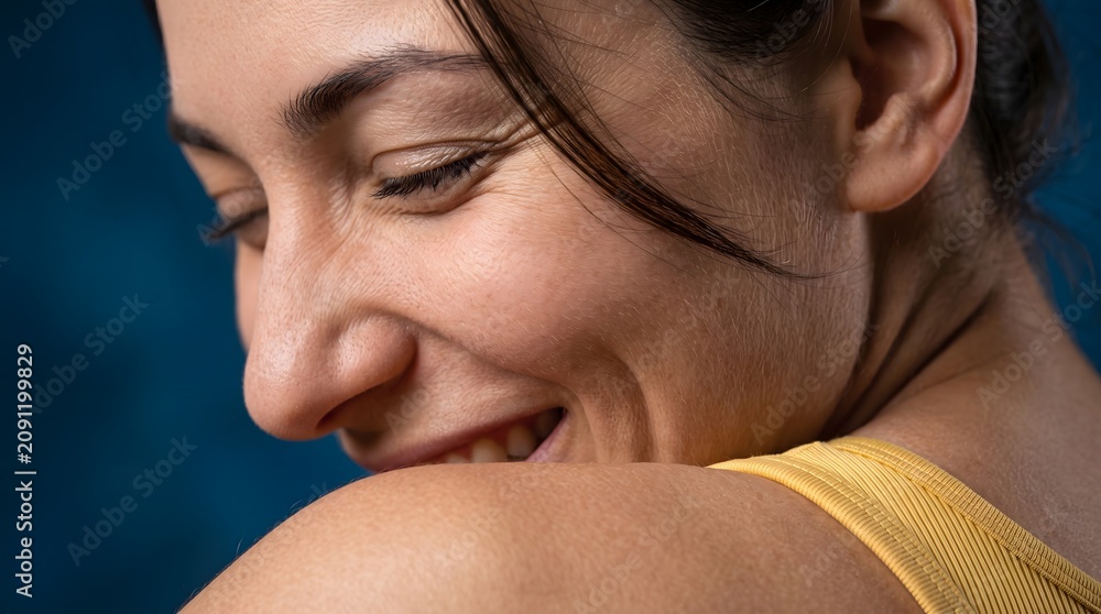 Fototapeta premium Close-up portrait of a happy young woman laughing and looking over her bare shoulder against a dark blue background.