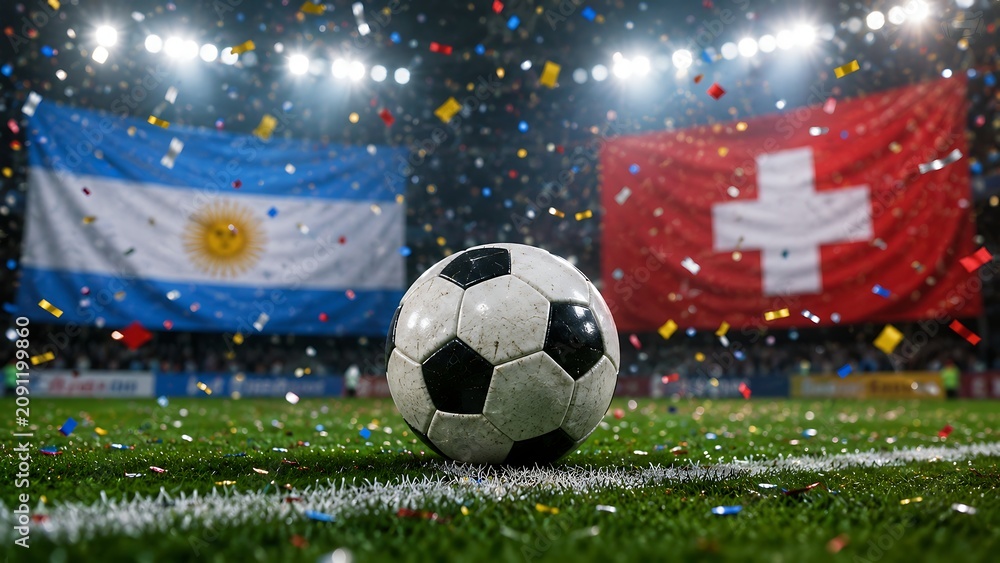 Naklejka premium Soccer ball on field with flags of Argentina and Switzerland in background