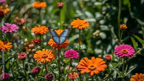 Butterfly Lands on Colorful Flowers in a Garden During a Sunny Day