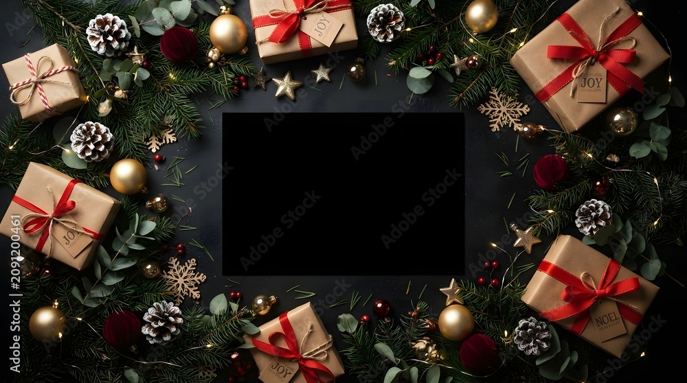 Fototapeta premium Festive christmas gifts and winter foliage arranged in a flat lay with blank space